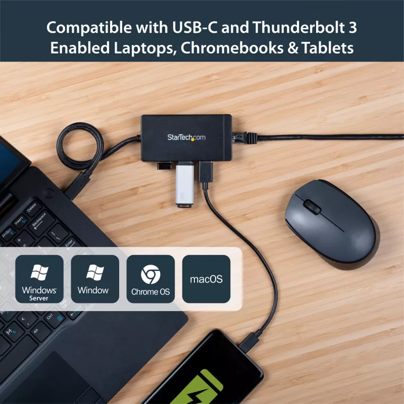 StarTech.com 3-pordiline USB 3.0 jaotur ja Gigabit Ethernet - USB-C - sisaldab toiteadapterit~3-pordiline USB-C jaotur koos Gigabit Ethernetiga - USB-C kuni 3x USB-A - USB 3.0 (5 Gbit/s) - sisaldab toiteadapterit