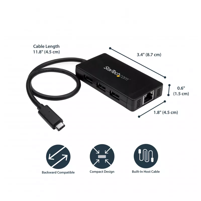StarTech.com 3-pordiline USB 3.0 jaotur ja Gigabit Ethernet - USB-C - sisaldab toiteadapterit~3-pordiline USB-C jaotur koos Gigabit Ethernetiga - USB-C kuni 3x USB-A - USB 3.0 (5 Gbit/s) - sisaldab toiteadapterit