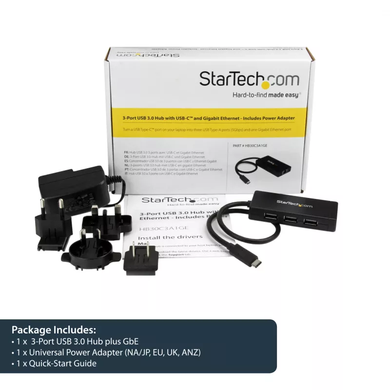 StarTech.com 3-pordiline USB 3.0 jaotur ja Gigabit Ethernet - USB-C - sisaldab toiteadapterit~3-pordiline USB-C jaotur koos Gigabit Ethernetiga - USB-C kuni 3x USB-A - USB 3.0 (5 Gbit/s) - sisaldab toiteadapterit