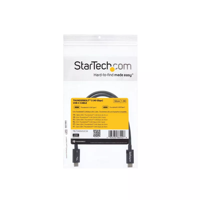 StarTech.com 0.5m Thunderbolt 3 (40Gbps) USB-C-kaabel – Thunderbolt, USB ja DisplayPort ühilduv