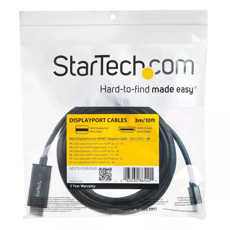 StarTech.com 10 jalga (3 m) Mini DisplayPort HDMI-kaablile – 4K 30Hz video – mDP HDMI-adapterkaabel – Mini DP või Thunderbolt 1/2 Mac/PC HDMI-kuvarile/ekraanile – mDP HDMI-muunduri juhe