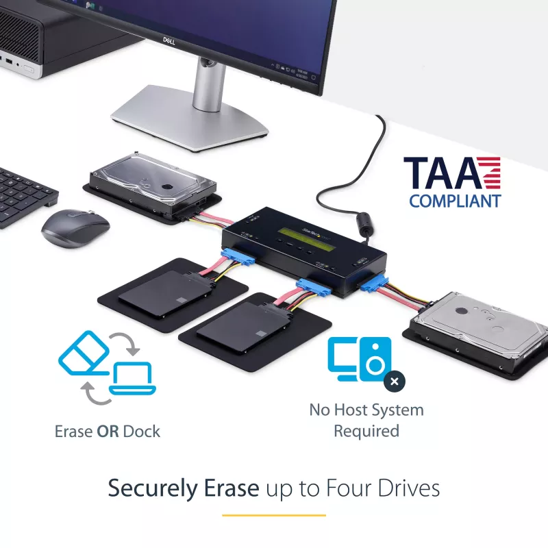 StarTech.com 4 pesaga SSD/HDD kõvakettakustutaja – 2,5-tolline ja 3,5-tolline SATA – hostivaba eraldiseisev turvaline kustutusväline kettaandmekustutaja – 9 kustutusrežiimi – RS232 printeriport – NIST/DOD ja TAA nõuetele vastav