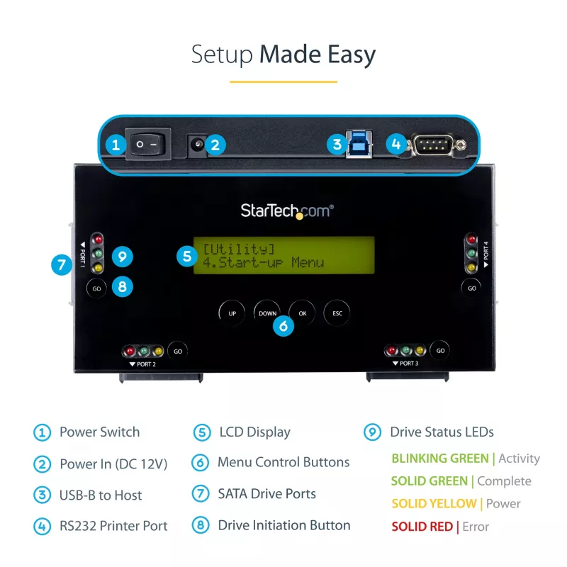 StarTech.com 4 pesaga SSD/HDD kõvakettakustutaja – 2,5-tolline ja 3,5-tolline SATA – hostivaba eraldiseisev turvaline kustutusväline kettaandmekustutaja – 9 kustutusrežiimi – RS232 printeriport – NIST/DOD ja TAA nõuetele vastav