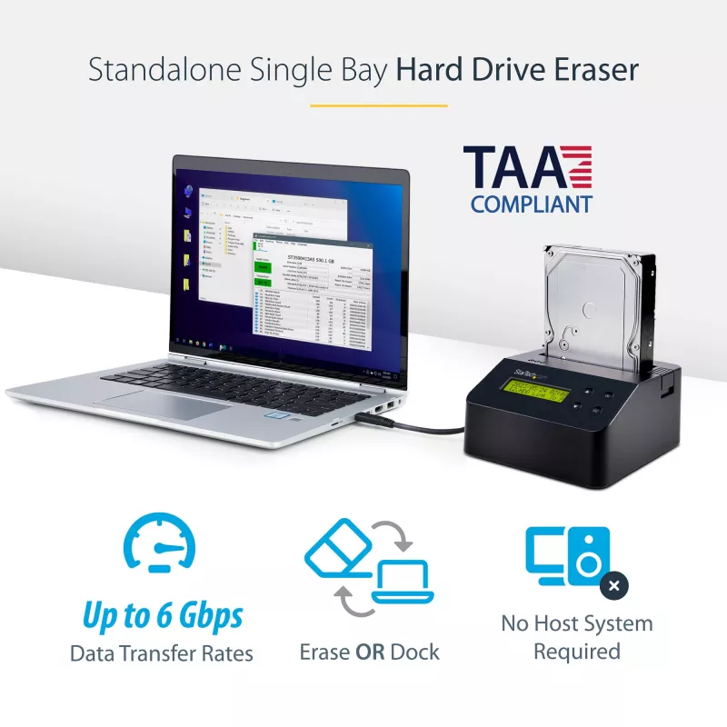 StarTech.com Single Bay Hard Drive Eraser, eraldiseisev HDD/SSD puhastaja, 4Kn, USB 3.0 to SATA III (6 Gbps), 9 kustutusrežiimi, LCD-ekraan, turvalise kustutamisega kõvaketta puhastusdokk, DB-9 printeriport, TAA-le vastav
