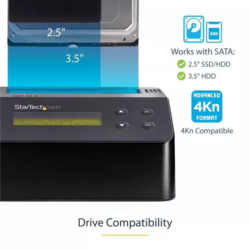 StarTech.com Single Bay Hard Drive Eraser, eraldiseisev HDD/SSD puhastaja, 4Kn, USB 3.0 to SATA III (6 Gbps), 9 kustutusrežiimi, LCD-ekraan, turvalise kustutamisega kõvaketta puhastusdokk, DB-9 printeriport, TAA-le vastav