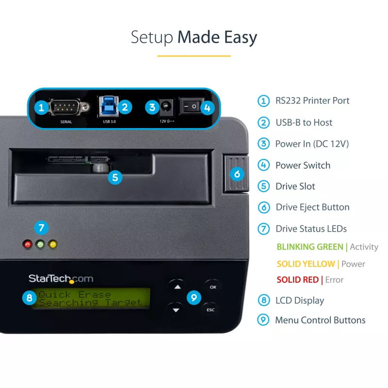StarTech.com Single Bay Hard Drive Eraser, eraldiseisev HDD/SSD puhastaja, 4Kn, USB 3.0 to SATA III (6 Gbps), 9 kustutusrežiimi, LCD-ekraan, turvalise kustutamisega kõvaketta puhastusdokk, DB-9 printeriport, TAA-le vastav