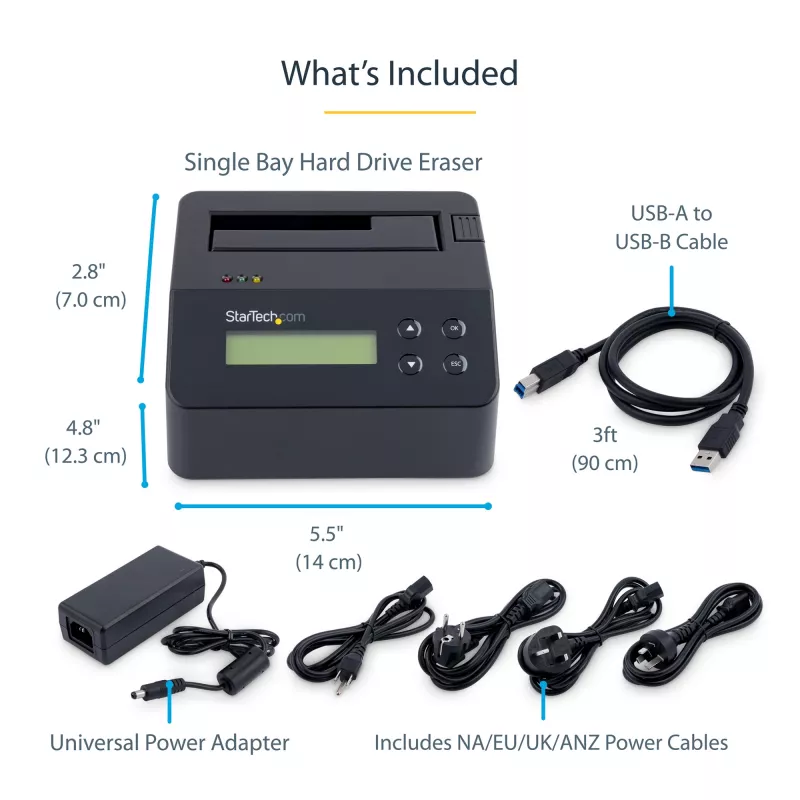 StarTech.com Single Bay Hard Drive Eraser, eraldiseisev HDD/SSD puhastaja, 4Kn, USB 3.0 to SATA III (6 Gbps), 9 kustutusrežiimi, LCD-ekraan, turvalise kustutamisega kõvaketta puhastusdokk, DB-9 printeriport, TAA-le vastav