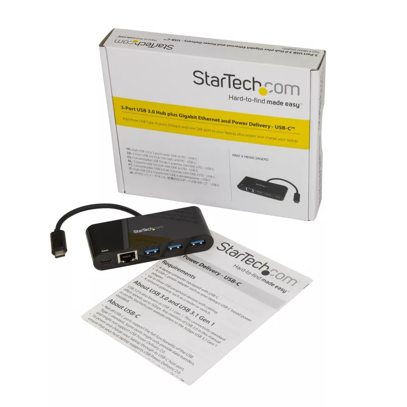 StarTech.com 3-pordiline USB-C-jaotur Gigabit Etherneti ja 60 W läbiva toiteedastusega sülearvuti laadimiseks – USB-C kuni 3x USB-A (USB 3.0 SuperSpeed 5 Gbps) – USB 3.1/3.2 Gen 1 USB-C adapterjaotur