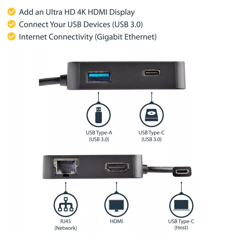 StarTech.com USB-C-multipordiadapter – kaasaskantav USB-C minidokk 4K HDMI-videoga – Gigabit Ethernet, USB 3.0 jaotur (1x USB-A, 1x USB-C) – USB USB-C-multipordiadapter – Thunderbolt 3-ga ühilduv