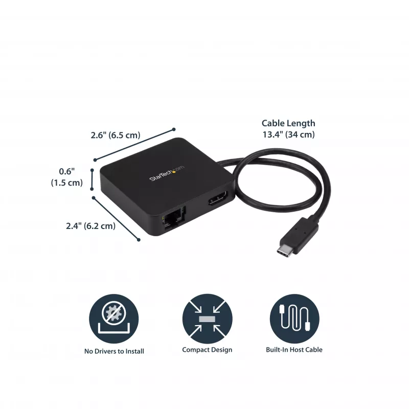 StarTech.com USB-C-multipordiadapter – kaasaskantav USB-C minidokk 4K HDMI-videoga – Gigabit Ethernet, USB 3.0 jaotur (1x USB-A, 1x USB-C) – USB USB-C-multipordiadapter – Thunderbolt 3-ga ühilduv