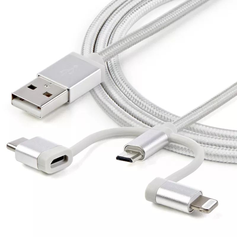StarTech.com 1 m (3 jalga) USB mitmeotstarbeline laadimiskaabel – USB–Micro-USB või USB-C või Lightning iPhone'ile / iPadile / iPodile / Androidile – Apple MFi sertifitseeritud – 3-in-1 USB laadija – punutud