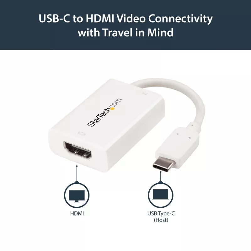 StarTech.com USB-C – HDMI 2.0 adapter toiteedastusega – 4K 60 Hz USB-C – HDMI ekraanivideomuundur – 60 W PD läbilaadimisport – Thunderbolt 3 ühilduv – valge