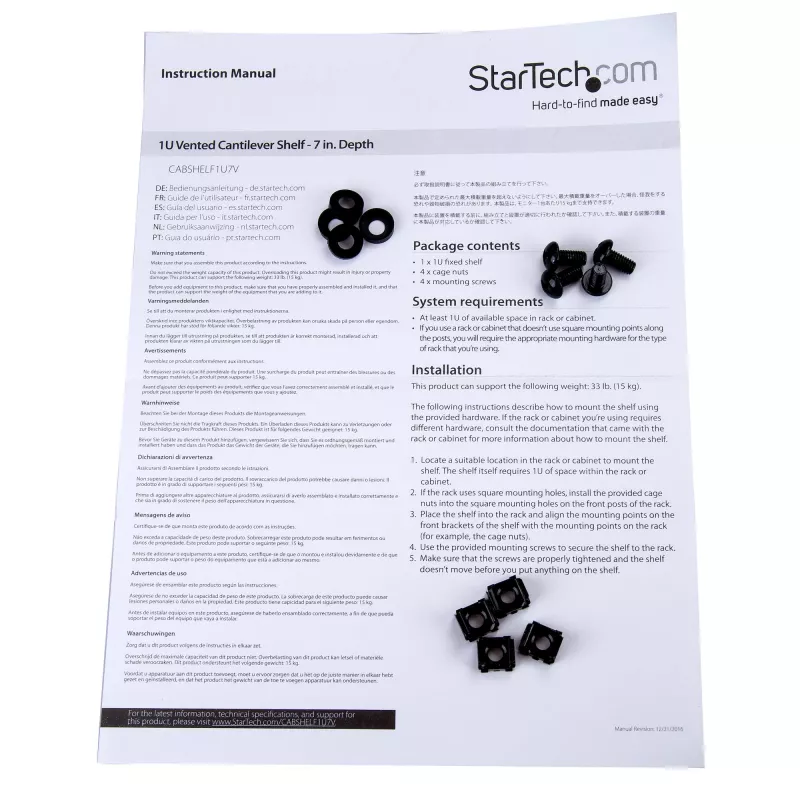 StarTech.com 1U serveririiuli riiul - universaalne ventileeritav riiulile paigaldatav konsoolalus 19-tollisele võrguseadmete riiulile ja kapile - tugev teras – kandevõime 44 lb/20 kg - 7 tolli sügav riiul, must