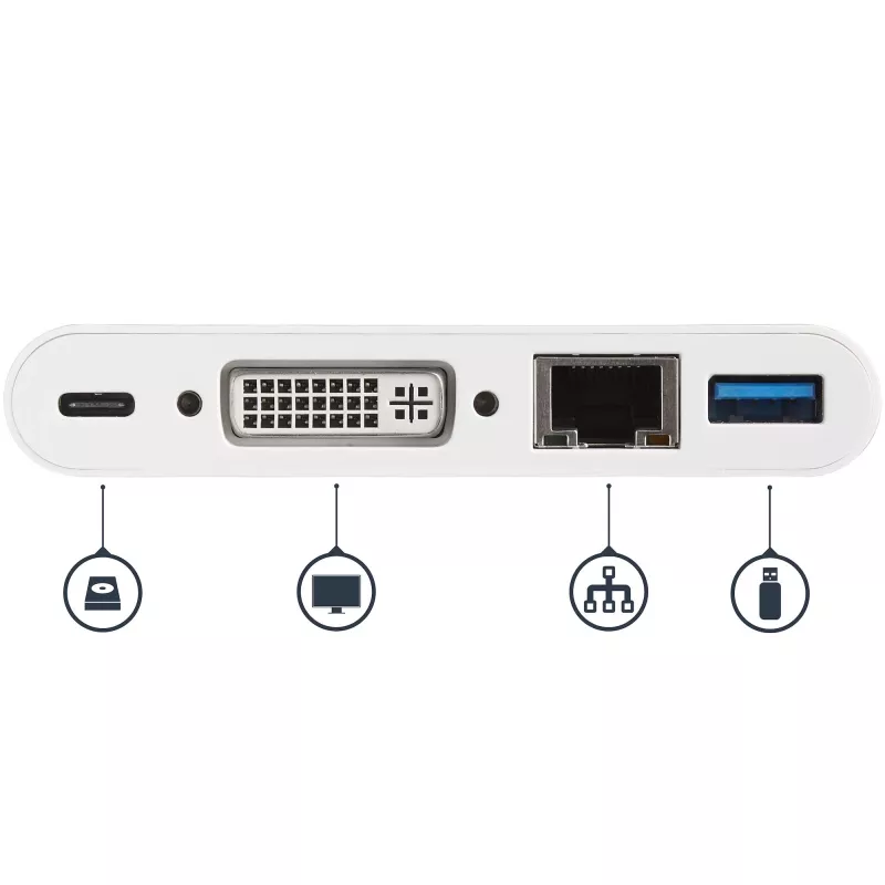 StarTech.com USB C mitme pordiga adapter - USB-C DVI-D (digitaalne) videoadapter, 60 W toiteedastus, GbE, USB-A - kaasaskantav USB-C/Thunderbolt 3 mini sülearvuti dokkimisjaam
