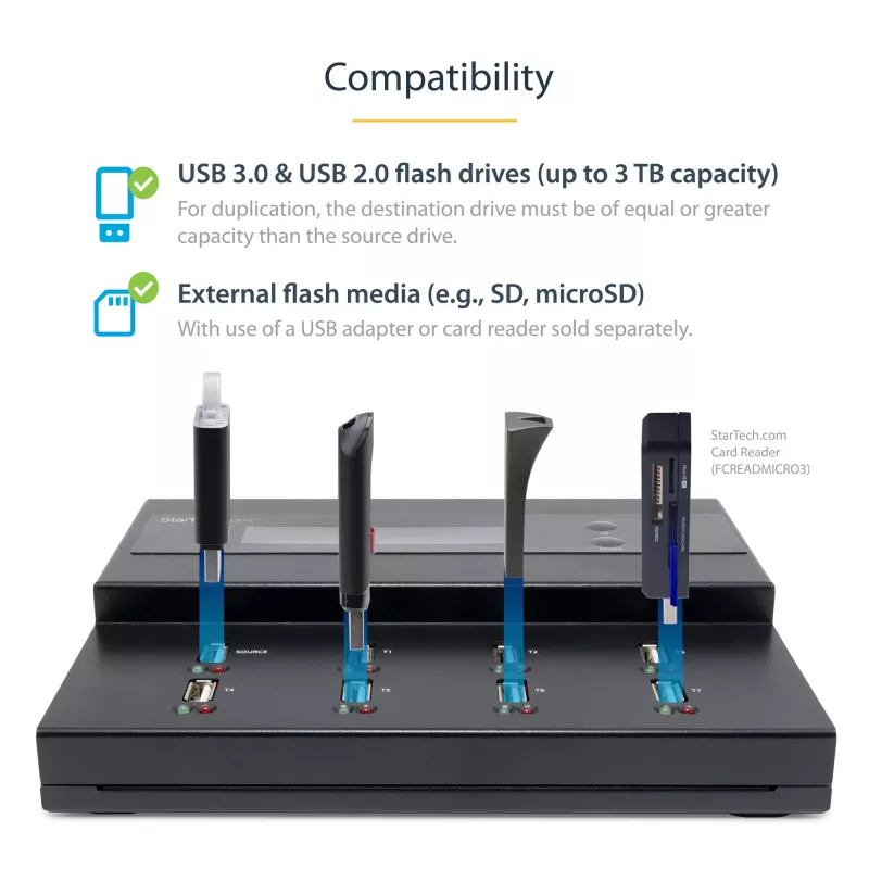 StarTech.com eraldiseisev 1:7 USB-mälupulga paljundaja ja kustutaja, mitme USB-mälupulga kopeerija, süsteemi- ja faili- ning kogu ketta kopeerimine kiirusega 1,5 GB/min, ühe- ja 3-käiguline kustutamine, LCD-ekraan – TAA