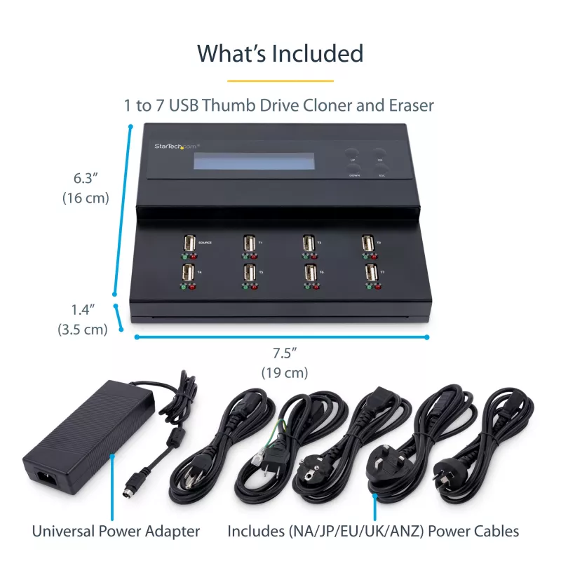 StarTech.com eraldiseisev 1:7 USB-mälupulga paljundaja ja kustutaja, mitme USB-mälupulga kopeerija, süsteemi- ja faili- ning kogu ketta kopeerimine kiirusega 1,5 GB/min, ühe- ja 3-käiguline kustutamine, LCD-ekraan – TAA