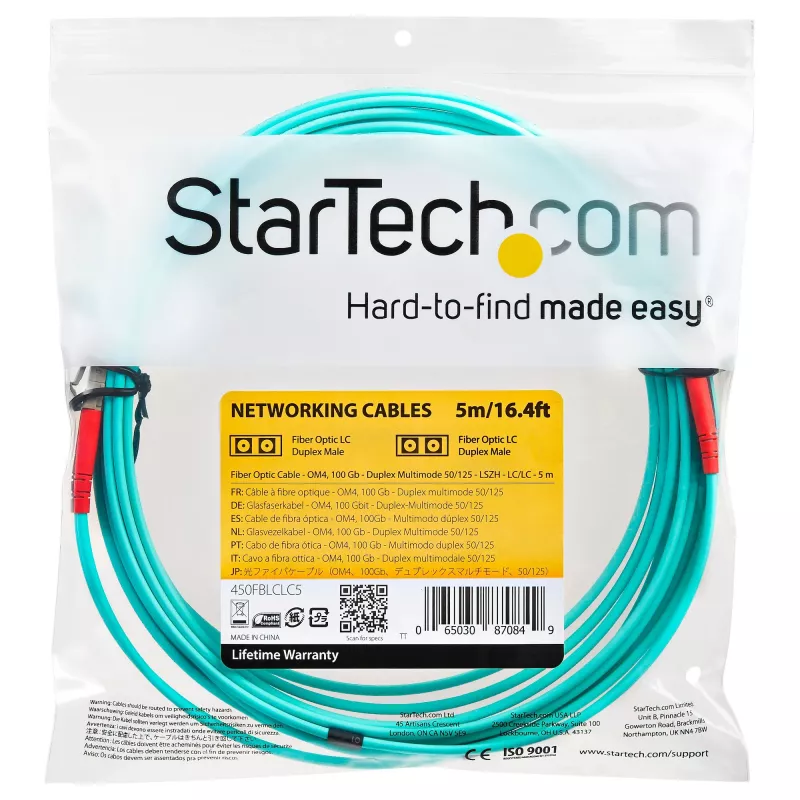 StarTech.com 5 m (16,4 jala) LC/UPC–LC/UPC OM4 mitmeviisiline fiiberoptiline kaabel, 50/125 µm LOMMF/VCSEL tõmblukuga fiiber, 100G, väike sisestuskadu – LSZH fiiberoptiline hüppaja