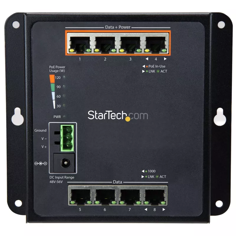 StarTech.com Tööstuslik 8-pordine Gigabit PoE lüliti - 4 x PoE+ 30W - Toide Etherneti kaudu - Tugevdatud GbE Layer/L2 hallatav lüliti - Vastupidav suure võimsusega Gigabit võrgulüliti IP-30/-40C kuni +75C - TAA