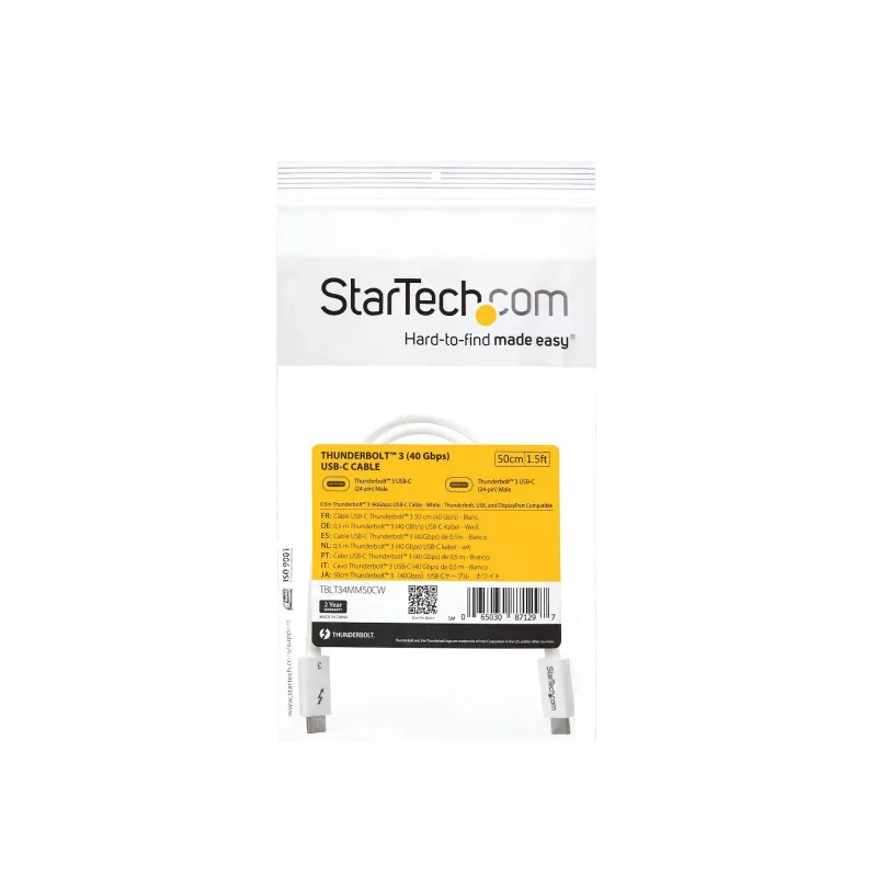 StarTech.com Thunderbolt 3 kaabel – 40 Gbit/s – 0,5 m – valge – Thunderbolti, USB ja DisplayPortiga ühilduv