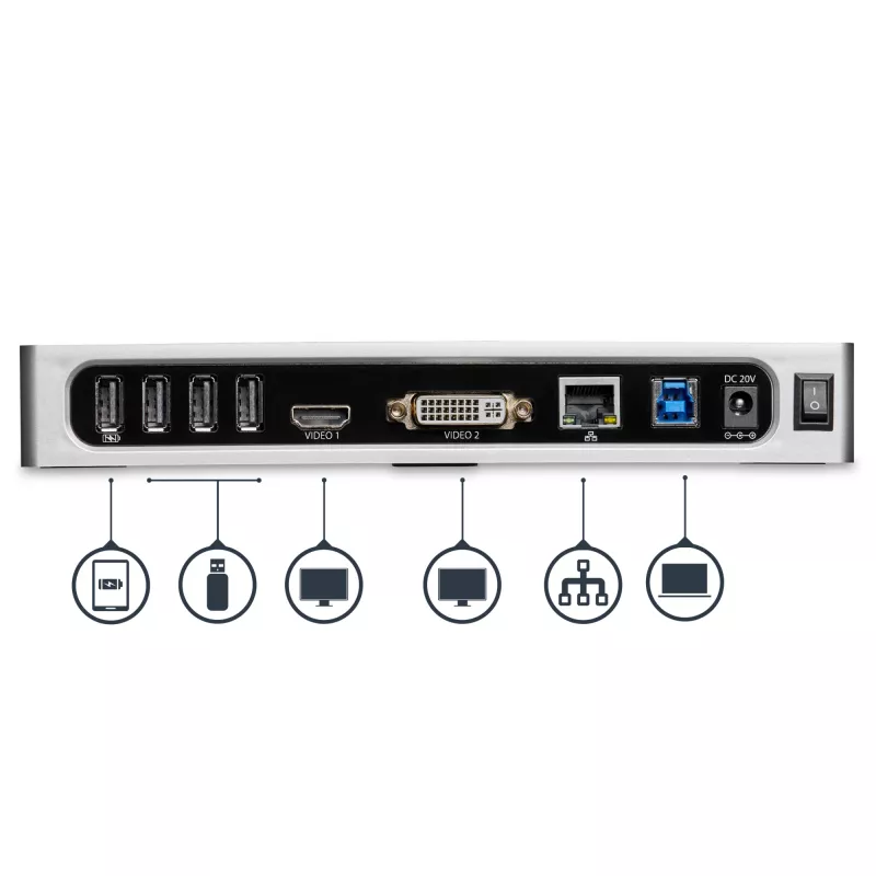 StarTech.com USB 3.0 dokkimisjaam – kahe monitoriga sülearvuti dokkimisjaam HDMI ja DVI/VGA videoga – 6-pordine USB 3.1 Gen 1 5Gbps jaotur, GbE, heli – universaalne Type-A dokk – Windows ja Mac