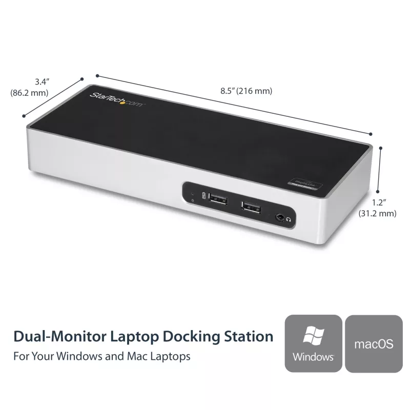 StarTech.com USB 3.0 dokkimisjaam – kahe monitoriga sülearvuti dokkimisjaam HDMI ja DVI/VGA videoga – 6-pordine USB 3.1 Gen 1 5Gbps jaotur, GbE, heli – universaalne Type-A dokk – Windows ja Mac