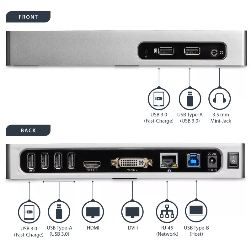 StarTech.com USB 3.0 dokkimisjaam – kahe monitoriga sülearvuti dokkimisjaam HDMI ja DVI/VGA videoga – 6-pordine USB 3.1 Gen 1 5Gbps jaotur, GbE, heli – universaalne Type-A dokk – Windows ja Mac
