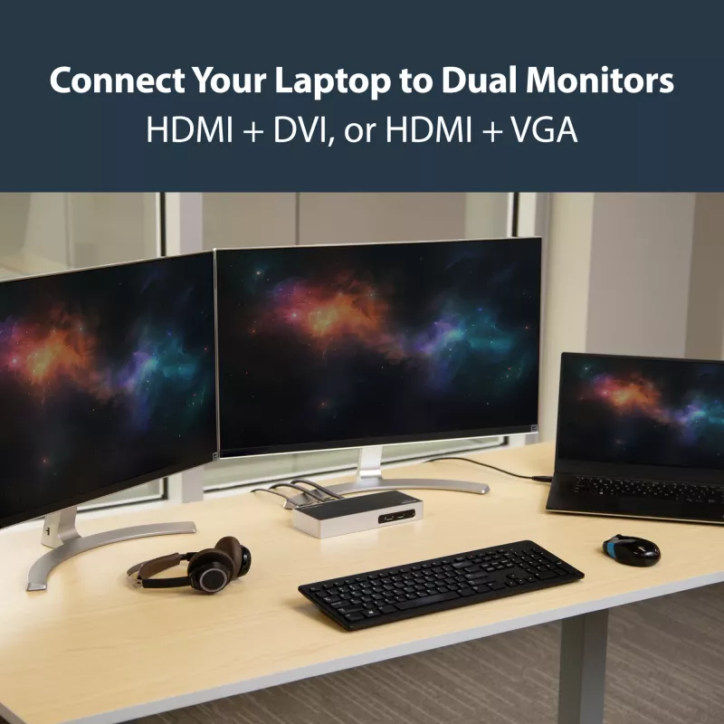 StarTech.com USB 3.0 dokkimisjaam – kahe monitoriga sülearvuti dokkimisjaam HDMI ja DVI/VGA videoga – 6-pordine USB 3.1 Gen 1 5Gbps jaotur, GbE, heli – universaalne Type-A dokk – Windows ja Mac