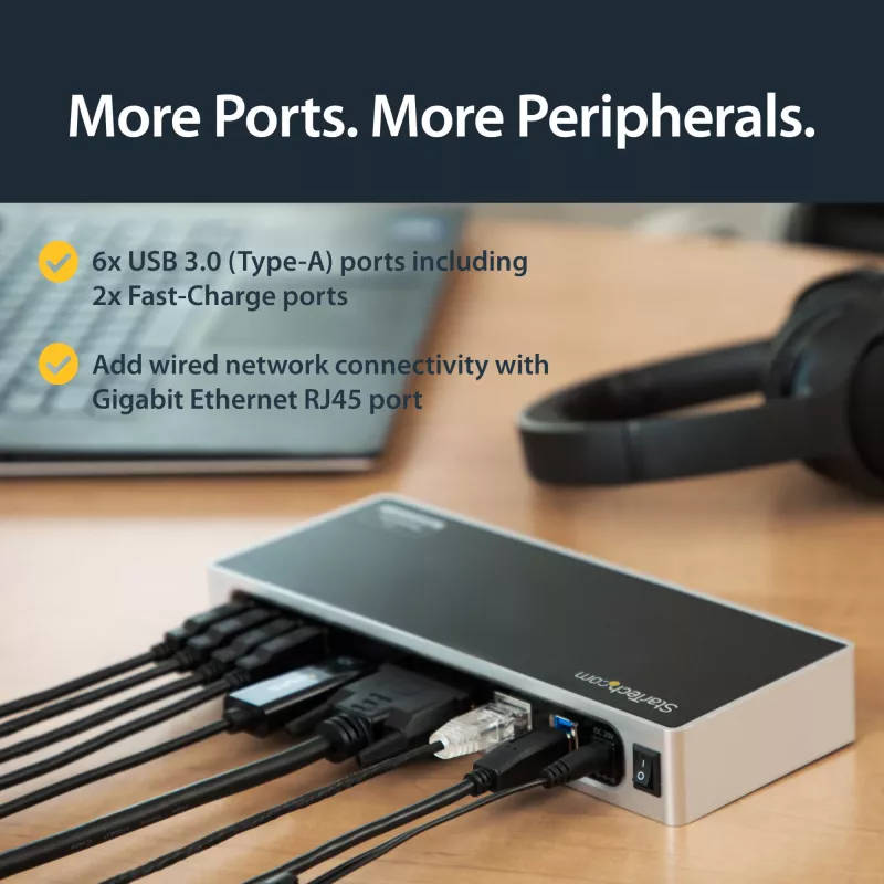 StarTech.com USB 3.0 dokkimisjaam – kahe monitoriga sülearvuti dokkimisjaam HDMI ja DVI/VGA videoga – 6-pordine USB 3.1 Gen 1 5Gbps jaotur, GbE, heli – universaalne Type-A dokk – Windows ja Mac