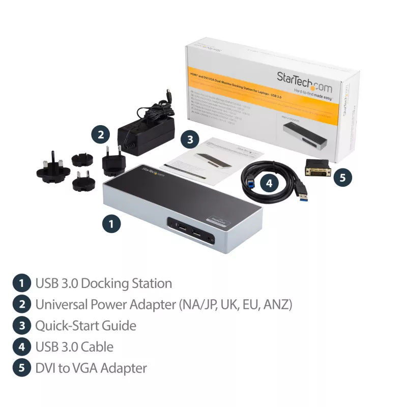 StarTech.com USB 3.0 dokkimisjaam – kahe monitoriga sülearvuti dokkimisjaam HDMI ja DVI/VGA videoga – 6-pordine USB 3.1 Gen 1 5Gbps jaotur, GbE, heli – universaalne Type-A dokk – Windows ja Mac