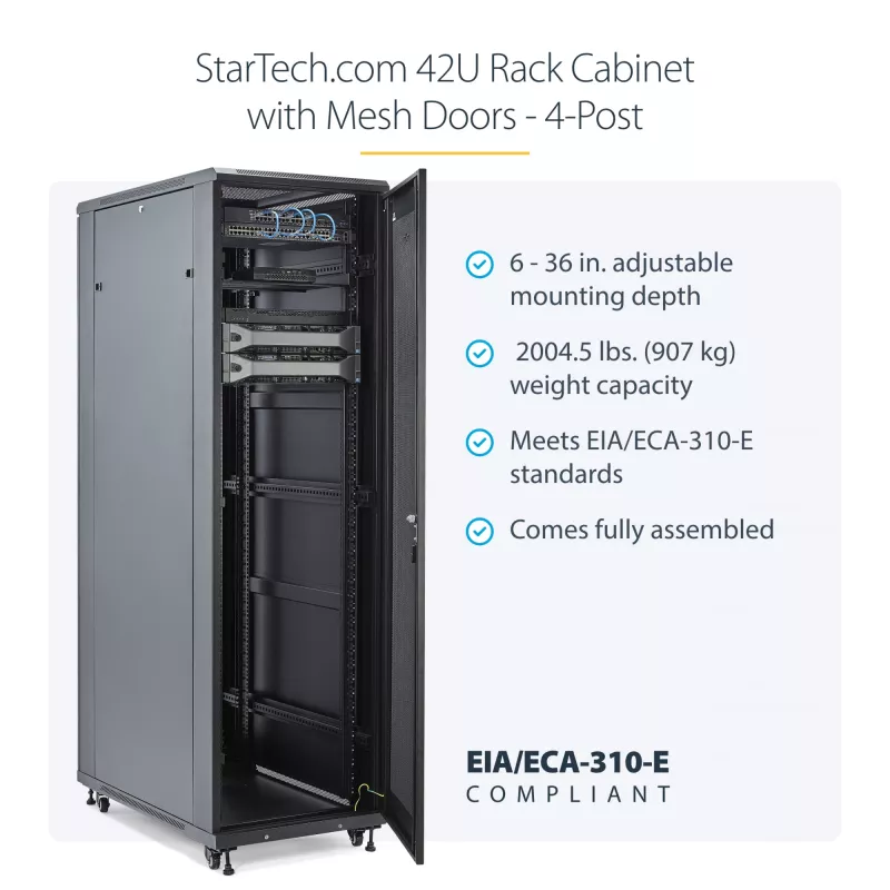 StarTech.com 4-postiga 42U serveririiuli kapp, 19-tolline andmeriiuli kapp arvuti/AV/IT-seadmete paigaldamiseks, serveririiuli korpus ratastega, täissuuruses tööstuslik võrgusalvestus