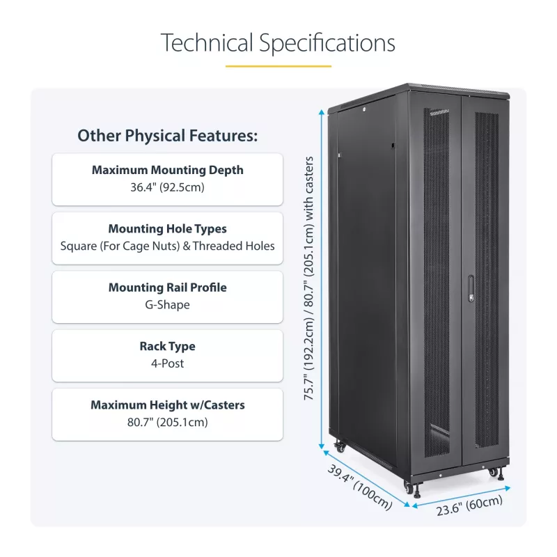 StarTech.com 4-postiga 42U serveririiuli kapp, 19-tolline andmeriiuli kapp arvuti/AV/IT-seadmete paigaldamiseks, serveririiuli korpus ratastega, täissuuruses tööstuslik võrgusalvestus