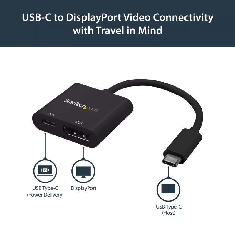 StarTech.com USB-C–DisplayPorti adapter toiteedastusega – 4K 60 Hz HBR2 – USB USB-C–DP 1.2 monitori videomuundur koos laadimisega – 60 W PD läbipääs – Thunderbolt 3-ühilduv