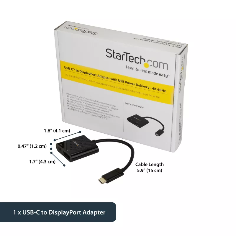 StarTech.com USB-C–DisplayPorti adapter toiteedastusega – 4K 60 Hz HBR2 – USB USB-C–DP 1.2 monitori videomuundur koos laadimisega – 60 W PD läbipääs – Thunderbolt 3-ühilduv
