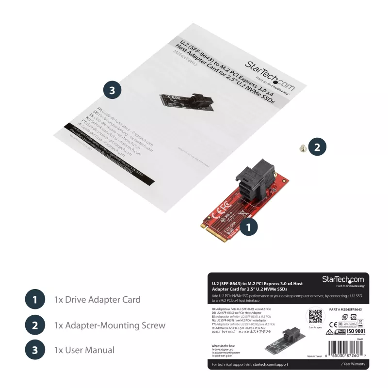 StarTech.com U.2 (SFF-8643) M.2-le PCI Express 3.0 x4 hostiadapterkaart 2,5-tollise U.2 NVMe SSD jaoks