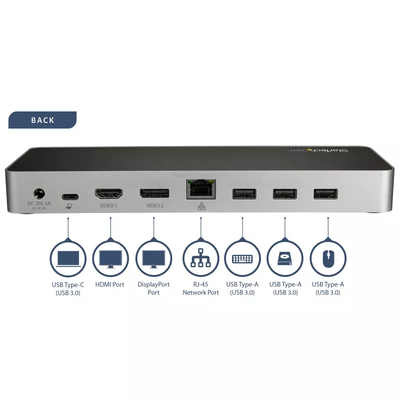 StarTech.com USB-C-dokk – kahe monitoriga HDMI- ja DisplayPort 4K 30 Hz – USB USB-C sülearvuti dokkimisjaam 60 W toiteedastusega, SD, 4-pordiline USB-A 3.0 jaotur, GbE, heli – ühildub Thunderbolt 3-ga
