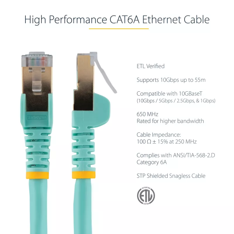 StarTech.com 1 m CAT6a Etherneti kaabel – 10 Gigabit varjestatud takerdumisvastase RJ45 100W PoE paigakaabel – 10GbE STP võrgukaabel tõmbetõkestiga – Aqua individuaalselt testitud/juhtmestus on UL sertifitseeritud/TIA