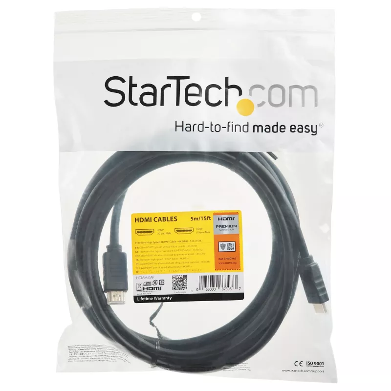 StarTech.com 15 jalga (5 m) Premium-sertifitseeritud HDMI 2.0 kaabel Ethernetiga – kiire ülikiire Ultra HD 4K 60 Hz HDMI kaabel HDR10 – pikk HDMI juhe (isane/isane pistik) – UHD monitoride, telerite, ekraanide jaoks