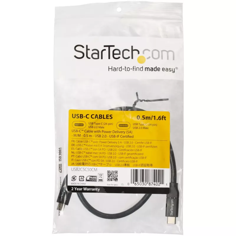 StarTech.com USB-C–USB-C kaabel, 5A PD, M/M, 0,5 m, USB 2.0, USB-IF sertifitseeritud