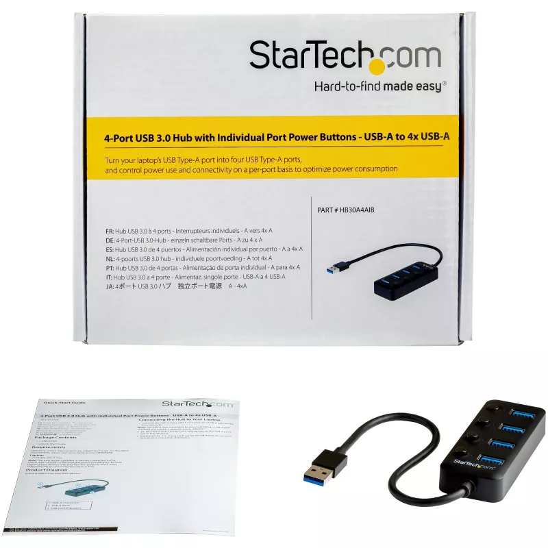 StarTech.com 4 pordiga USB 3.0 jaotur - USB-A 4x USB 3.0 Type-A jaoks koos individuaalsete sisse/välja lülititega - SuperSpeed USB 3.2 Gen 1 (5 Gbit/s) - USB siinivooluga - kaasaskantav - 24,5 cm pikkune kaabel