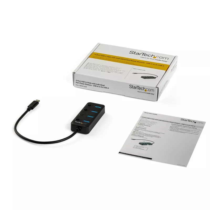 StarTech.com 4-pordiline USB-C jaotur – USB-C kuni 4x USB 3.0 tüüp-A porti individuaalsete sisse-/väljalülituslülititega – SuperSpeed 5 Gbps USB 3.1/3.2 Gen 1 – USB-siini toide – kaasaskantav – 25 cm küljes olev kaabel