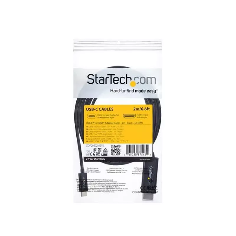 StarTech.com 6 jalga (2 m) USB-C–HDMI-kaabel – 4K 60 Hz USB USB-C–HDMI 2.0 videoadapterkaabel – Thunderbolt 3 ühilduv – sülearvuti HDMI-kuvari/ekraaniga – DP 1.2 Alt Mode HBR2 – must