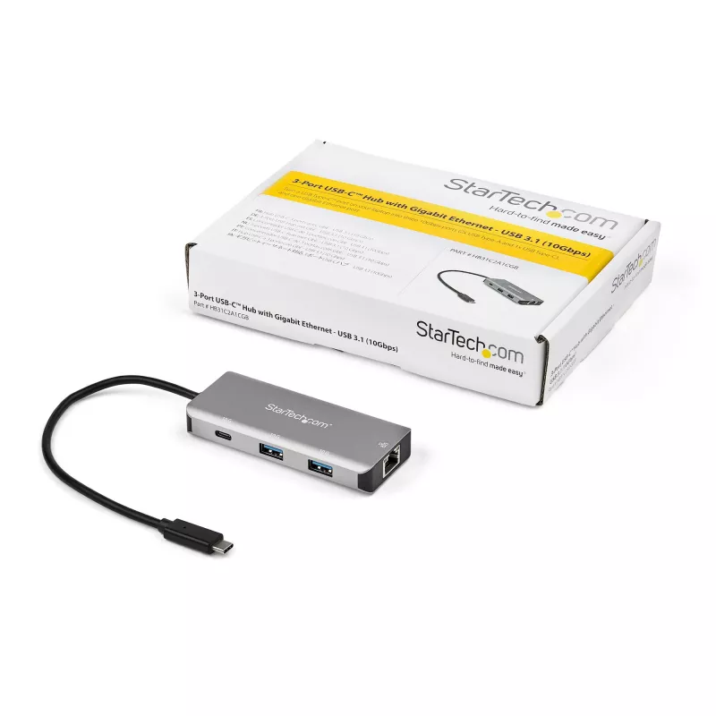 StarTech.com 3 pordiga USB-C jaotur, Gigabit Ethernet RJ45 GbE pordiga – 2x USB-A, 1x USB-C – SuperSpeed 10Gbps USB 3.1/3.2 Gen 2 USB-C jaotur – USB-siinitoiteline – alumiinium – töötab TB3-ga