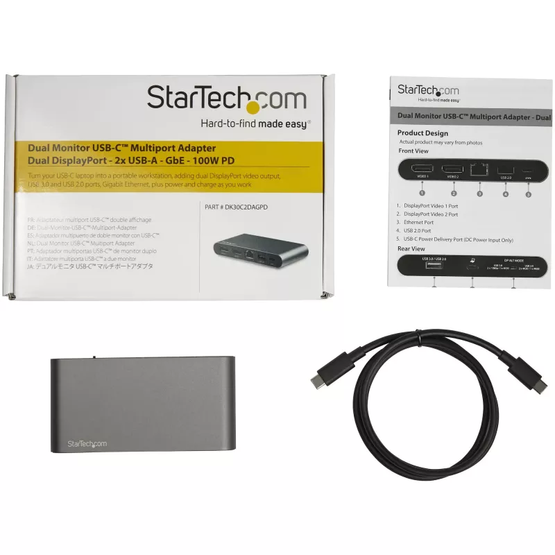 StarTech.com USB-C-dokk – 4K kahe monitori DisplayPort – mini sülearvuti dokkimisjaam – 100 W toiteedastuse läbipääs – GbE, 2-pordiline USB-A-jaotur – USB-tüüpi C mitme pordi adapter – 1 m kaabel