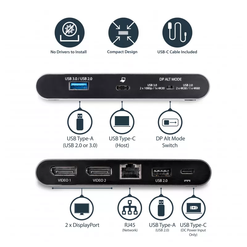 StarTech.com USB-C-dokk – 4K kahe monitori DisplayPort – mini sülearvuti dokkimisjaam – 100 W toiteedastuse läbipääs – GbE, 2-pordiline USB-A-jaotur – USB-tüüpi C mitme pordi adapter – 1 m kaabel