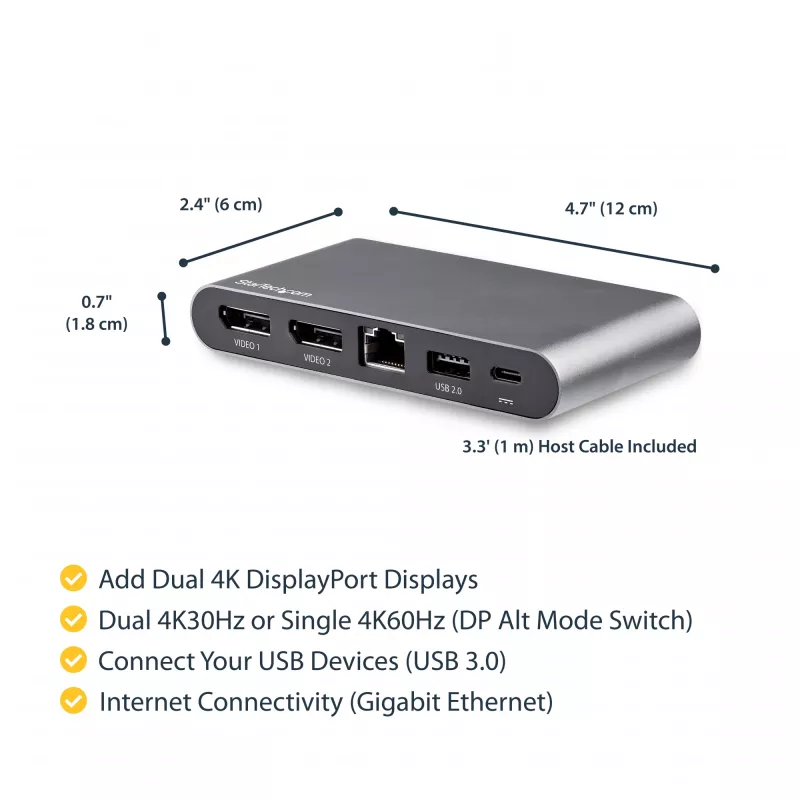 StarTech.com USB-C-dokk – 4K kahe monitori DisplayPort – mini sülearvuti dokkimisjaam – 100 W toiteedastuse läbipääs – GbE, 2-pordiline USB-A-jaotur – USB-tüüpi C mitme pordi adapter – 1 m kaabel