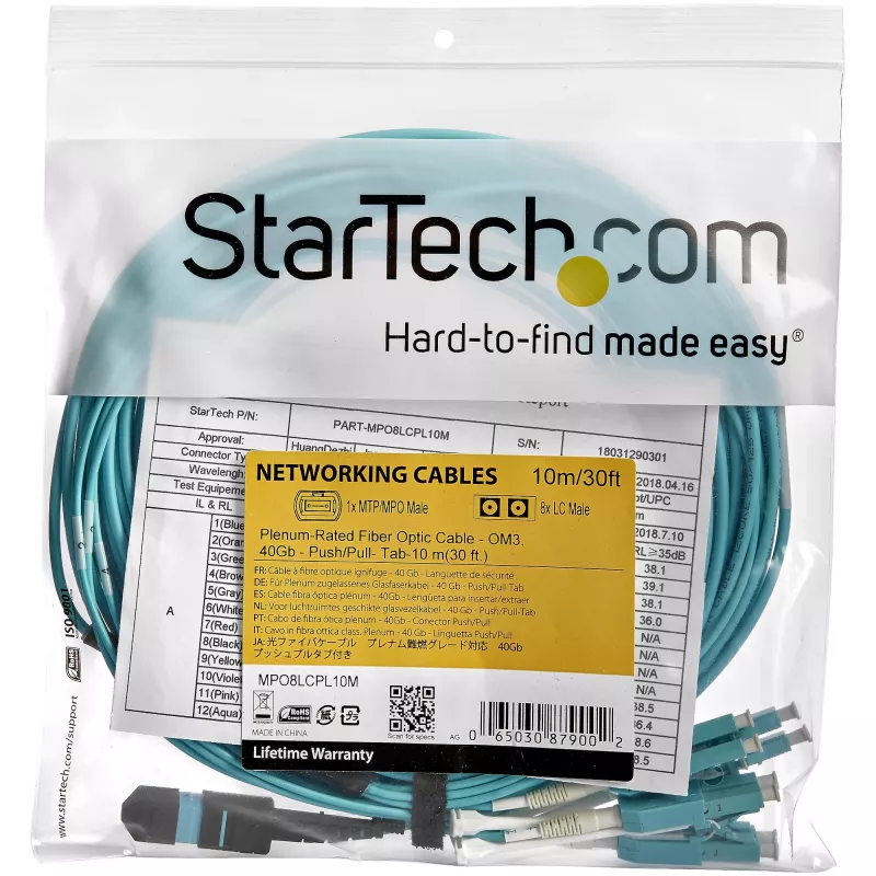 StarTech.com 10m (30ft) MTP(F)/PC kuni 4x LC/PC dupleks-breikout OM3 multi-režiimiga fiiberoptiline kaabel, OFNP Plenum, 40G võrgud, väike sisestuskadu – fiiberhüppaja juhe