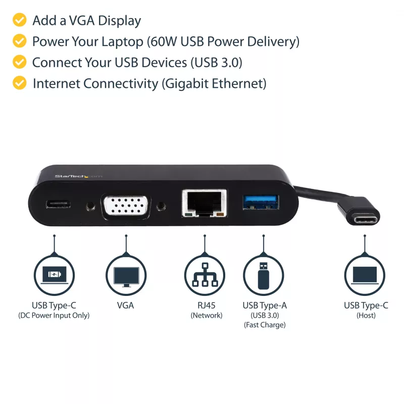 StarTech.com USB-C mitmepordiadapter – Mini USB-C dokk ühe VGA 1080p videomonitori toega – 60 W toiteedastus – USB 3.1 Gen 1 tüüp-A 5 Gbit/s, Gigabit Ethernet – dokkimisjaam