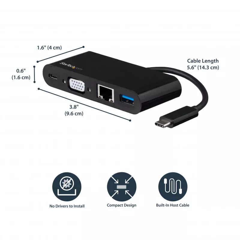 StarTech.com USB-C mitmepordiadapter – Mini USB-C dokk ühe VGA 1080p videomonitori toega – 60 W toiteedastus – USB 3.1 Gen 1 tüüp-A 5 Gbit/s, Gigabit Ethernet – dokkimisjaam
