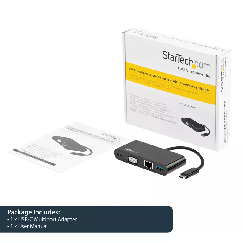 StarTech.com USB-C mitmepordiadapter – Mini USB-C dokk ühe VGA 1080p videomonitori toega – 60 W toiteedastus – USB 3.1 Gen 1 tüüp-A 5 Gbit/s, Gigabit Ethernet – dokkimisjaam