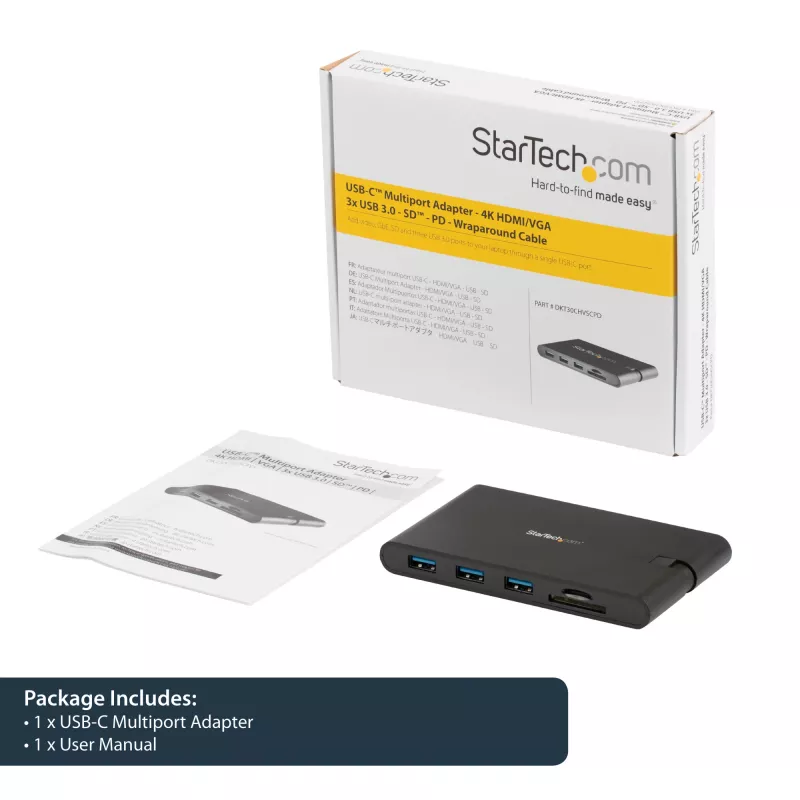 StarTech.com USB-C mitme pordiga adapter – USB USB-C minidokk HDMI 4K või VGA 1080p videoga – 100W toiteedastus, 3 pordiga USB 3.0 jaotur, GbE, SD ja microSD – sülearvuti reisidokk